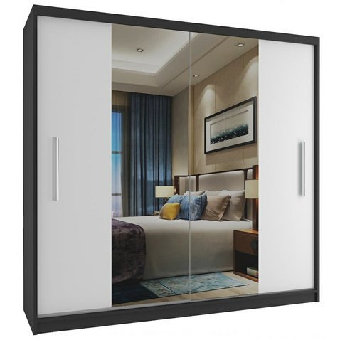 Moderní šatní skříň se zrcadlem Mirror economy 200 cm - černá/bílá - 01