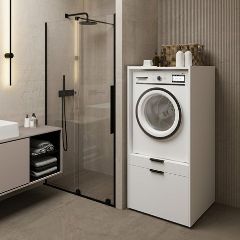 Skříňka na pračku Andiamo v bílém matu s výsuvnou policí a úložným prostorem 01