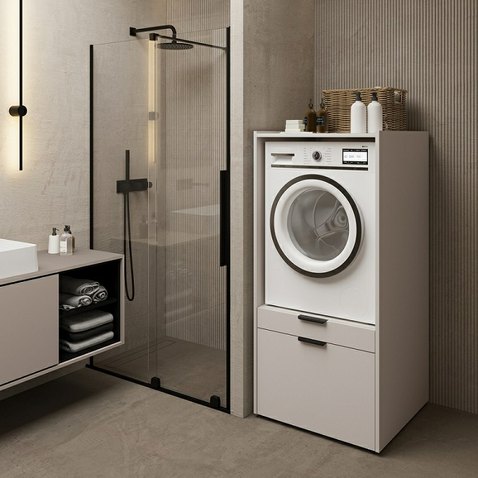 Skříňka na pračku Andiamo v odstínu kašmír s výsuvnou policí a úložným prostorem 01