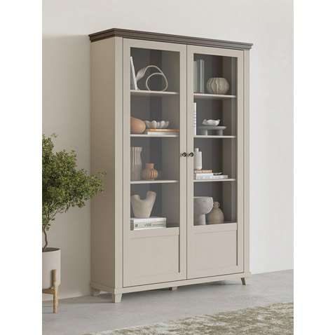 Dvoudvéřová vitrína Evora 3 ve světlém béžovém odstínu s dekorem dub dunin 01