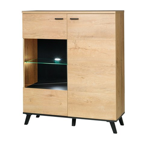 Dvoudvéřová komoda s prosklenými dvířky John 4 s osvětlením - dub lefkas/černá - 01