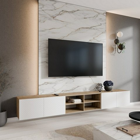 Moderní závěsný TV stolek s policí KLER - dub artisan/bílý mat 01