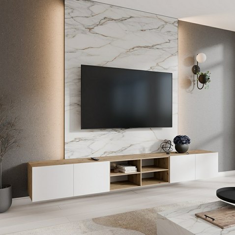 Moderní LIO závěsný TV stolek s policí 300 cm - dub artisan/bílý mat 01