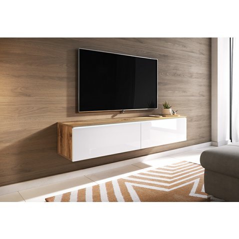 Závěsný televizní stolek Lowboard D 140 cm - dub wotan / bílý lesk 01