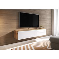 Závěsný televizní stolek Lowboard D 140 cm - dub wotan / bílý lesk