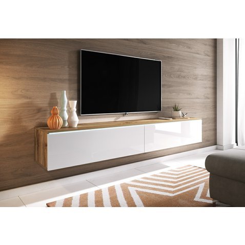 Stylový televizní stolek Lowboard D 180 cm - dub wotan / bílý lesk 01