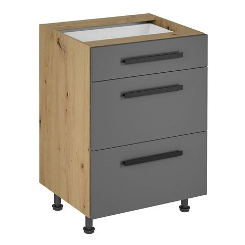 Spodní kuchyňská skříňka Langen D60S3 – tmavě šedá / dub artisan