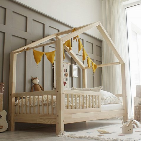 Dětská postel Housebed se zábranou (kulaté příčky) - 90 x 190 cm / přírodní 01