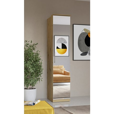 Úzká šatní skříň se zrcadlem Optima 57 - dub artisan / bílý lesk - 01