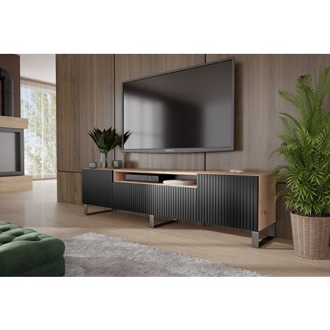 VÝPRODEJ - TV stolek s frézovanými dvířky Remo 180 cm - dub artisan / černá 01