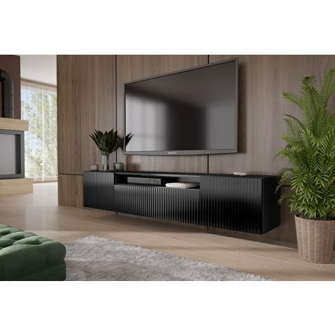 Prostorný TV stolek závěsný s frézovanými dvířky Molly 180 cm - černá - 01