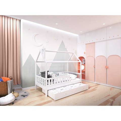 Domečková postel Alfie PLUS 5 s přistýlkou a snímatelnou zábranou - 90 x 200 cm - bílá 01