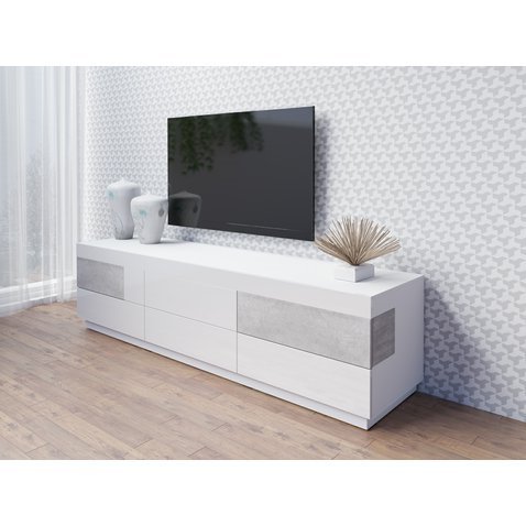 Prostorný televizní stolek Silke 1 - bílá / bílý lesk / beton colorado 02