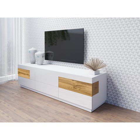 Prostorný televizní stolek Silke 1 - bílá / bílý lesk / dub wotan 02