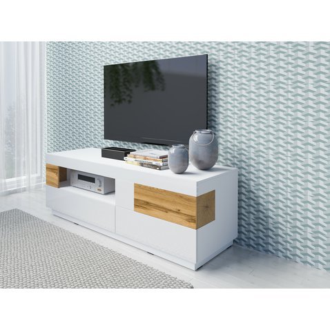 Televizní stolek Silke 2 - bílá / bílý lesk / dub wotan 02