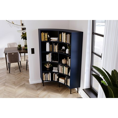 Rohový regál Skandica Horn – modrá, knihovna do rohu s obloukovým tvarem