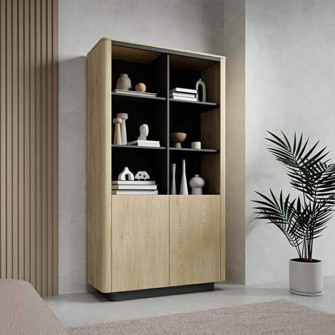 Široký regál Torro s policemi a dvířky, moderní design  - dub cremona / černá 01