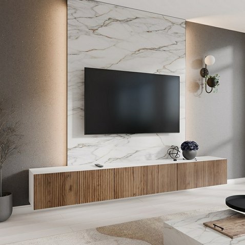 Frézovaný závěsný TV stolek NOE 300 cm - bilý mat/dub catania 05