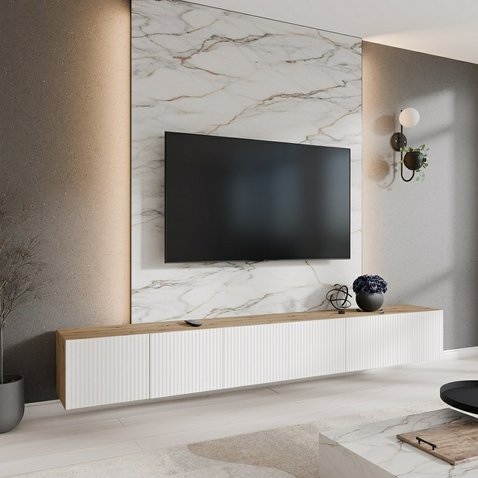 Moderní závěsný TV stolek NOE 300 cm - dub artisan/bílý mat 05