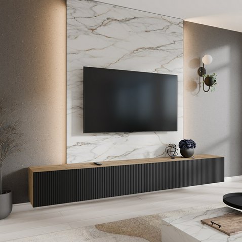 NOE frézovaný závěsný TV stolek 300 cm - dub artisan/černý mat 05